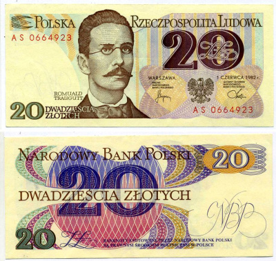 Польша 20 злотых 1982 Ромуальд Траугутт, в серии 2 буквы Pick 149 a (2) бумага аUNC 7204-8-1-1
