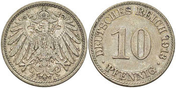 ГЕРМАНИЯ 10 ПФЕННИГОВ 1913 A KM 12, J. 13, Weege 8 медно-никель 212-241
