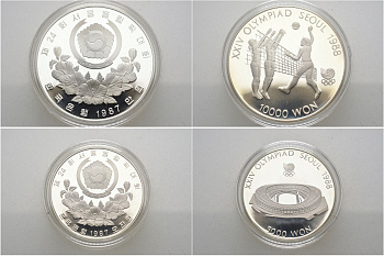 Южная корея набор из 2 монет 1987 5000, 10000 вон, олимпийские игры в Сеуле, стадион, волейбол, коробка, сертификат KM 60, 63 серебро PROOF 3-4-9-15