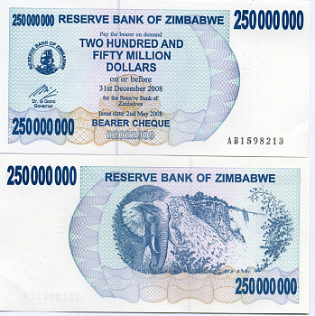 Зимбабве 250000000 долларов 2008 31 декабря 2008, слон, водопад Виктория Pick 59 бумага UNC (пресс) 448-53-1