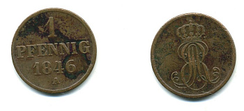 Ганновер 1 пфенниг 1846 B, Эрнст Август (1837-1851) KM 201.1, AKS 129, J. 74 медь 35-853