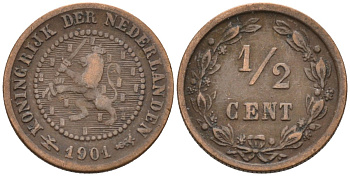 Нидерланды 1/2 цента 1901 Вильгельмина (1890-1948) KM 109 бронза 4576-318