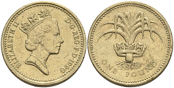 Англия 1 фунт 1990 дизайн Уэльса KM 941, Spink 4331 никель латунь 88-442