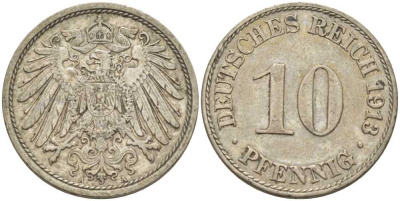 ГЕРМАНИЯ 10 ПФЕННИГОВ 1913 A KM 12, J. 13, Weege 8 медно-никель 212-241