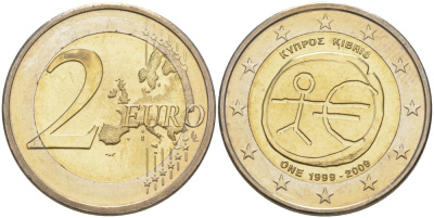 Кипр 2 евро 2009 10 лет монетарной политики ЕС (EMU) и введения евро KM 89 биметалл UNC 4111-642