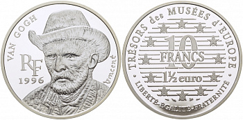 Франция 10 франков = 1 1/2 евро 1996 серия сокровища музеев Европы, Винсент Ван Гог KM 1147 серебро PROOF 1077-9-42