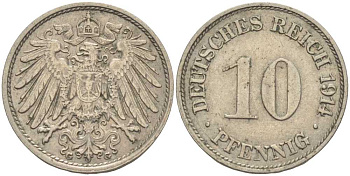 ГЕРМАНИЯ 10 ПФЕННИГОВ 1914 G KM 12, J. 13 медно-никель 33-852