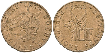 Франция 10 франков 1988 100 лет со дня рождения Ролан Гарроса (1888-1918) KM 965, Le Franc 372.3 никель латунь aUNC 4619-727