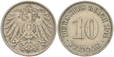 ГЕРМАНИЯ 10 ПФЕННИГОВ 1914 G KM 12, J. 13 медно-никель 33-852