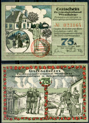 Германия, Бохум 75 пфеннигов 1920 нотгельд, проводы на войну Li. 121, M 128.1  бумага  UNC (пресс) 444-85-2-2