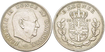 ДАНИЯ 5 КРОН 1961 С; S, ФРЕДЕРИК IX (1947-1972) KM 853.1 медно-никель 215-445