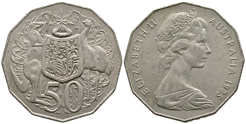 Австралия 50 центов 1975 Елизавета II (1952-2022), герб Австралии, кенгуру KM 68 медно-никель 25-625