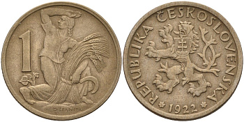 Чехословакия 1 крона 1922 женщина со снопом и серпом KM 4 медно-никель 4141-512