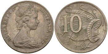 Австралия 10 центов 1975 Елизавета II (1952-), птица лирахвост KM 65 медно-никель 4601-753