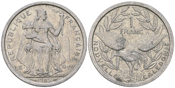 Французская Новая Каледония 1 франк 1985 птица кагу, (IEOM) KM 10, Schoen 10, Lec 47 алюминий 51-3512