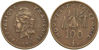Французская Новая Каледония 100 франков 1998 хижина среди сосен и пальм, (IEOM) KM 15, Schoen 16, Lec 139b никель бронза 88-1225