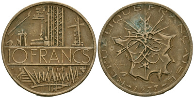 Франция 10 франков 1977 тип Матье KM 940, Le Franc 365.9-10 никель латунь 4120-512