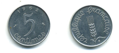 ФРАНЦИЯ 5 САНТИМОВ 1962 KM 927 хромированная сталь 84-1564