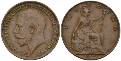Великобритания 1 фартинг 1920 Георг V (1910-1936), светлая отделка KM 808.2, Spink 4060 бронза 4158-518