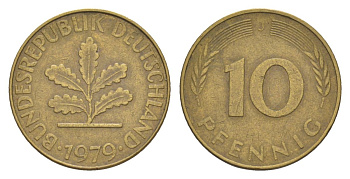 ФРГ 10 пфеннигов 1979 J KM 108, J. 383 сталь плакированная латунью 4630-1267