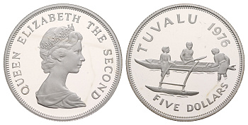 Тувалу 5 долларов 1976 Туземцы возле каноэ KM 8 серебро PROOF 11-252-31