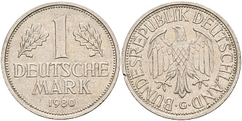 ФРГ 1 марка 1980 G KM 110, J. 385 медно-никель 4177-1147