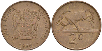 ЮАР 2 цента 1989 герб, антилопа гну KM 83 бронза 4561-732