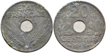 Франция 20 сантимов 1942 Правительство Виши KM 900.1 цинк 4589-541