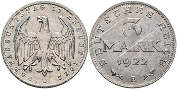 Германия 3 марки 1922 Е, третья годовщина Веймарской Конституции KM 29, J.303 алюминий UNC 4574-823