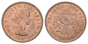 Новая Зеландия 1 пенни 1964 Елизавета II (1952-2022), новозеландский туи KM 24.2 бронза aUNC 4403-733