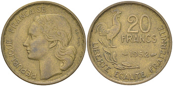 Франция 20 франков 1952 петух KM 917 алюминиевая бронза 4159-1014