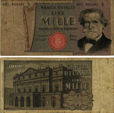 Италия 1000 лир 1977 Джузеппе Верди, Милин Ла Скала Pick 101e бумага 7548-121-2-1
