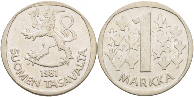 ФИНЛЯНДИЯ 1 МАРКА 1981 K KM 49а медно-никель 3718-936