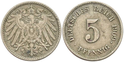 ГЕРМАНИЯ 5 ПФЕННИГОВ 1909 J KM 11, J. 12 медно-никель 105-139