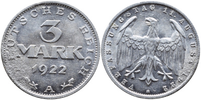 Германия 3 марки 1922 А, третья годовщина Веймарской Конституции KM 29, J. 303 алюминий 4390-922