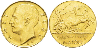 Албания 100 франга ари 1927 Ахмет Зогу KM 11 золото UNC 00-000-00