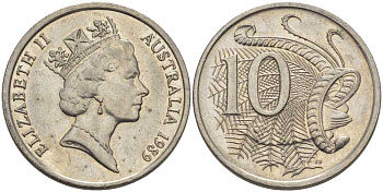 АВСТРАЛИЯ 10 ЦЕНТОВ 1989 ЕЛИЗАВЕТА II, ВТОРОЙ ПОРТРЕТ В КОРОНЕ, ПТИЦА ЛИРАХВОСТ KM 81 медно-никель 4395-735