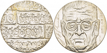 Финляндия 10 марок 1970 S-H, день рождения президента Юхо Паасикиви KM 51 серебро UNC 1515-1411