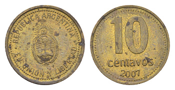 Аргентина 10 сентаво 2007 KM 107a сталь плакированная латунью 4664-726