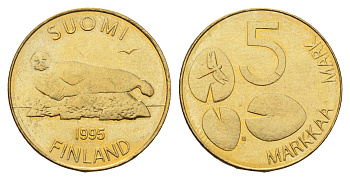 Финляндия 5 марок 1995 KM 73 алюминиевая бронза UNC 4118-1213