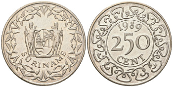 Суринам 250 центов 1989 KM 24 медно-никель BU 4172-215