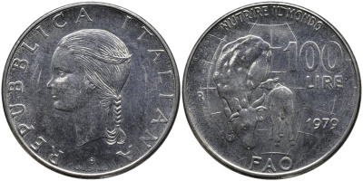 Италия 100 лир 1979 R, FAO, корова с теленком KM 106 нержавеющая сталь 4165-113