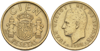 Испания 100 песет 1988 Хуан Карлос I (1975-2014) KM 826 алюминиевая бронза 106-337