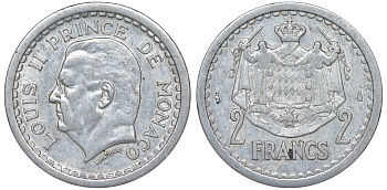 Монако 2 франка 1943 Луи II (1922-1949) KM 121 алюминий 51-2056