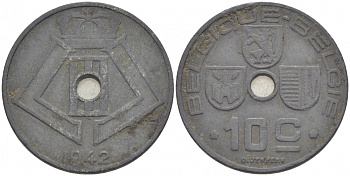 Бельгия 10 сантимов 1942 Belgique - Belgie, Леопольд III (1934-1947), германская оккупация, Вторая мировая война KM 125 цинк 4529-257