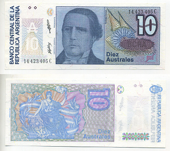 АРГЕНТИНА 10 АУСТРАЛЕЙ 1989 СЕРИЯ С 14423, САНТЬЯГО ДЕРКИ, ПРЕЗИДЕНТ АРГЕНТИНЫ Pick 325b бумага UNC (ПРЕСС) 7548-9-3-1