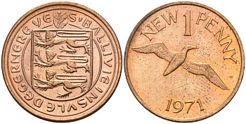 Гернси 1 пенни 1971 Елизавета II (1952-2022), северная олуша в полете KM 21 бронза 4152-1269