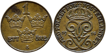 Швеция 1 эре 1916 короткая 6, Густав V (1907-1950) KM 777.2 бронза 4396-168