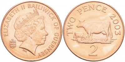 Гернси 2 пенса 2003 КОРОВА KM 96 сталь плакированная медью UNC 3457-834