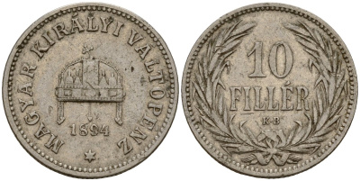 Венгрия 10 филлеров 1894 KB, Франц Иосиф I (1848-1916) KM 482 никель 4154-842
